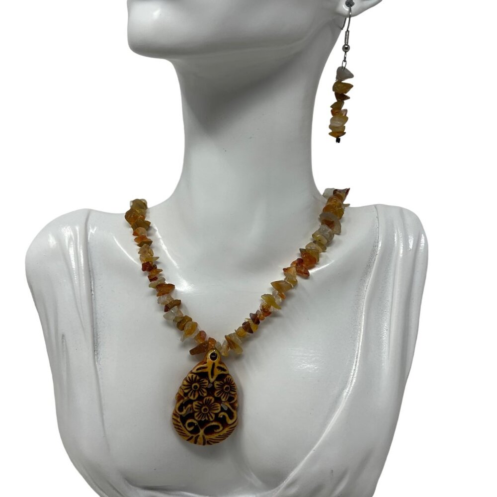 Hawaiian Style Necklace Earrings Floral Natural Agate Stone‎ Chips Orange Yellow